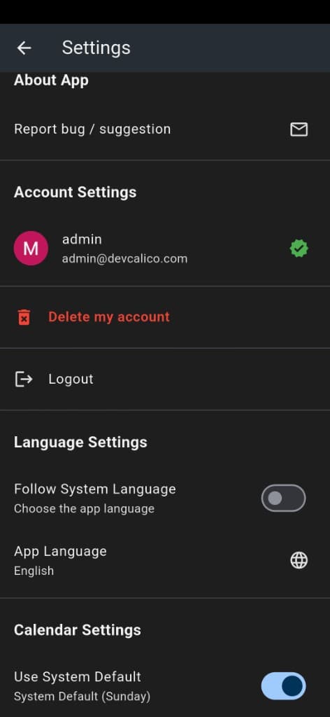 Settings screen with Delete my account button