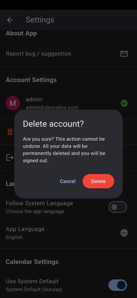 Delete account confirmation dialog